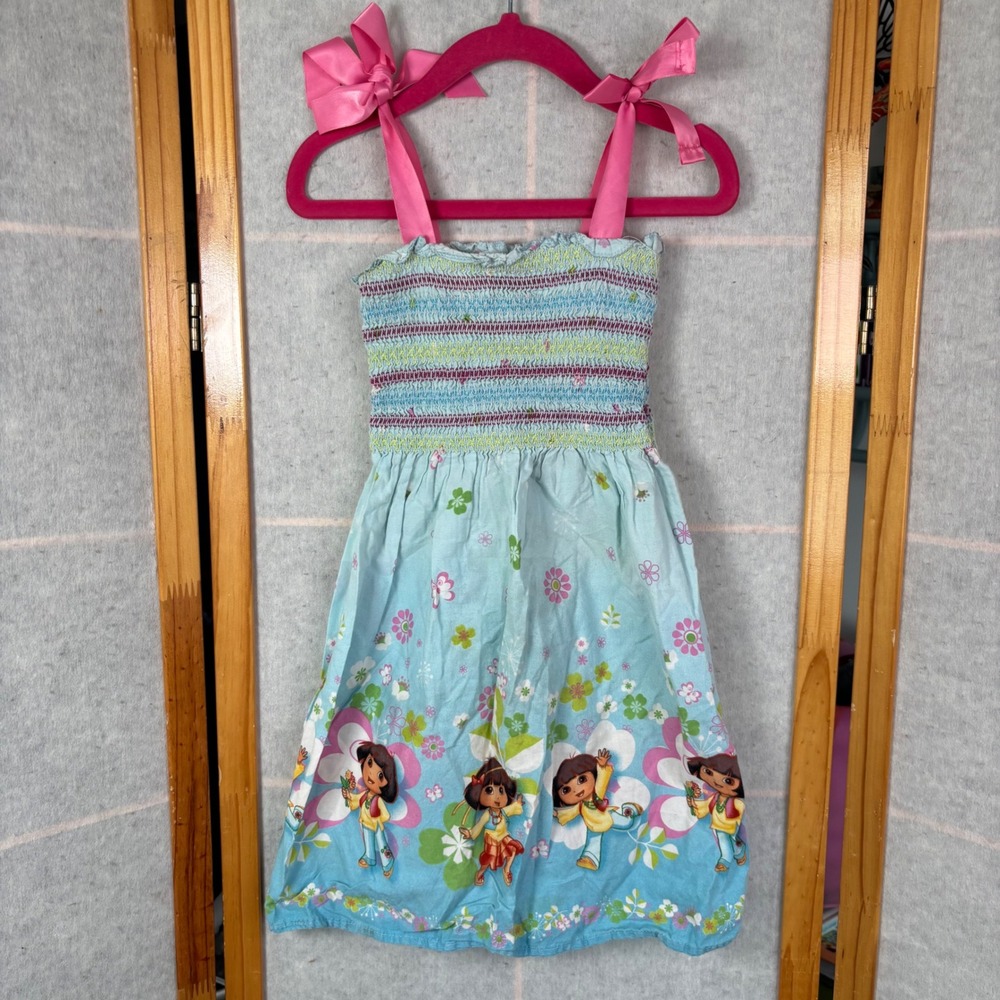 Dora the Explorer‎ Smocked Sundress 2T Blue Pink Ribbon Straps VTG Handmade